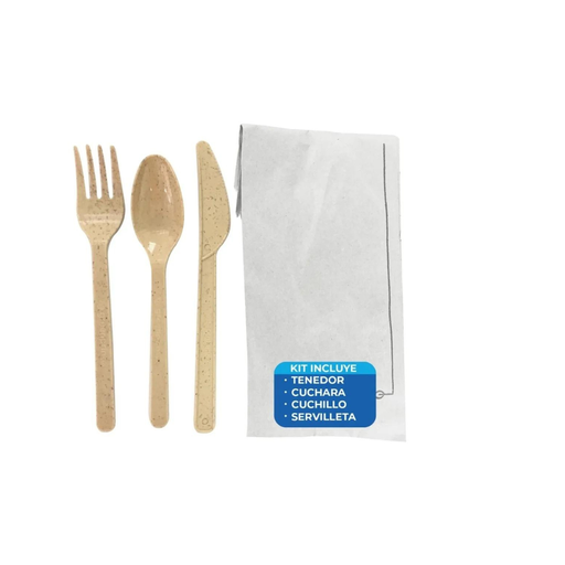 Combo Cubierto Grande de Agave Biodegradable Estuchado con Servilleta c/50