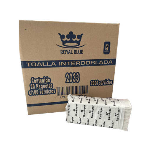 [2214] Toalla Interdoblada Blanca Royal Blue x Caja c/20 paquetes (cada pte c/100)